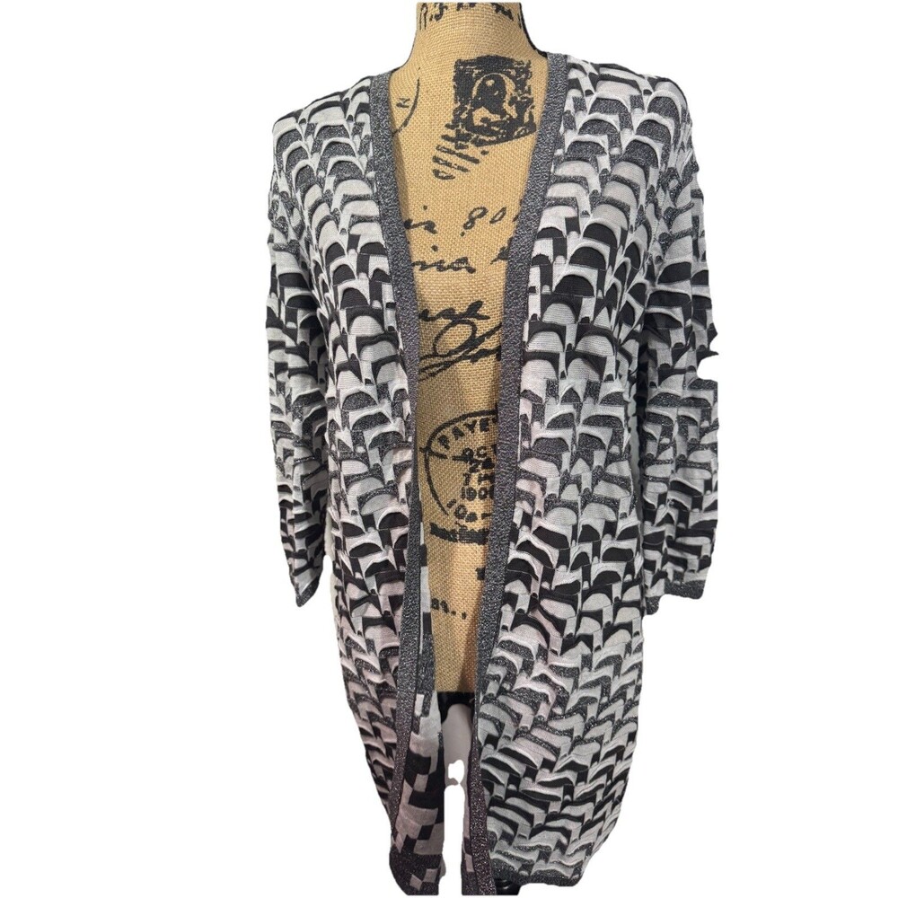 Easywear By Chico’s Size 2 Large Gray Black Silver Long Cardigan